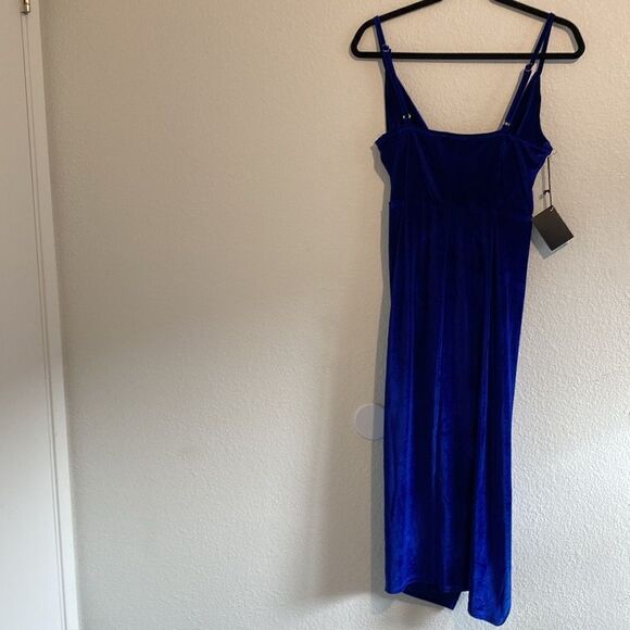 DOUBLE CRAZY Velvet Knotted Front Slit Royal Blue Dress - Picture 4 of 6